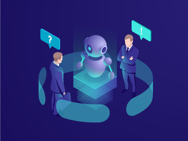 Digital illustration representing the integration of AI and Machine Learning into business and customer experience, shown by two human figures consulting with a central virtual assistant or chatbot.