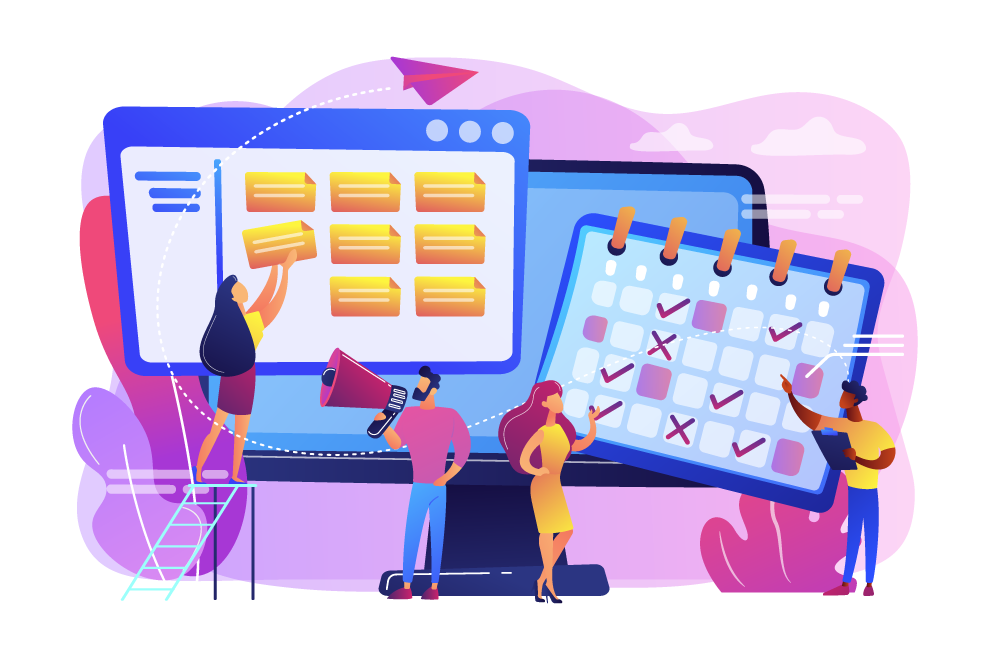 Illustration of a team planning a website redesign, featuring a computer screen displaying content and a large calendar with checked boxes.