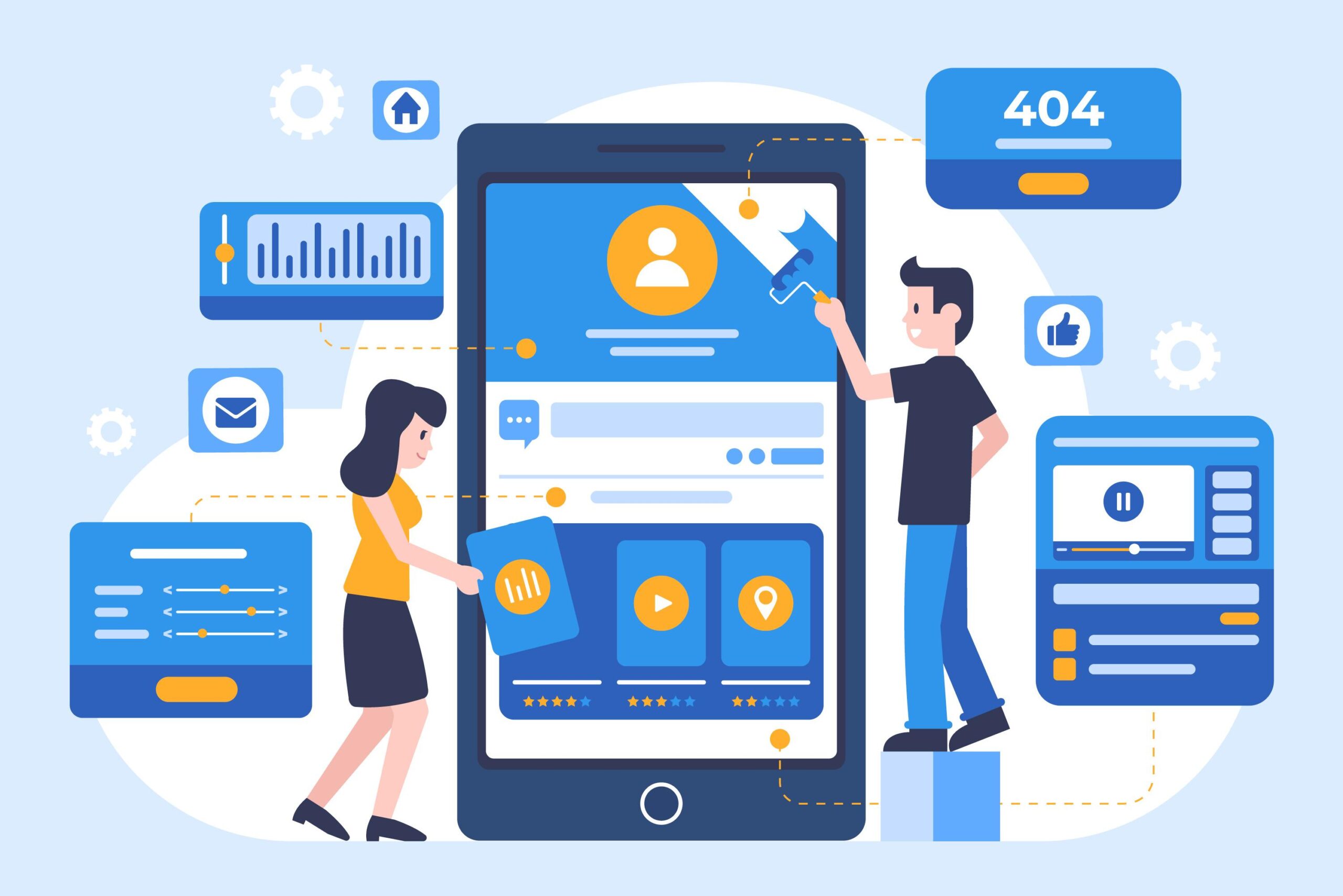 Graphic depicting a team working on mobile app development, testing, and interface optimization (UI/UX).