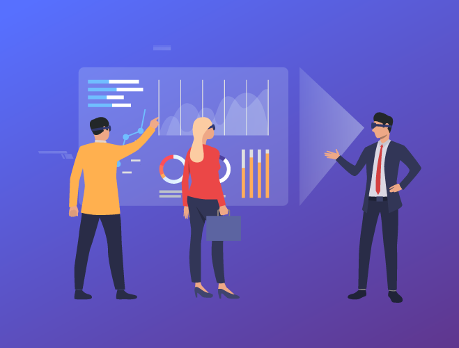 Three people with VR headsets analyzing a digital dashboard of business data, highlighting data-driven decision making.