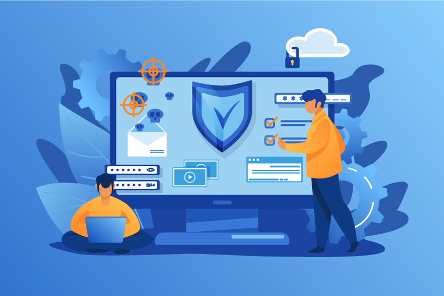 A flat-design illustration of two IT professionals managing a cybersecurity interface featuring a central shield, password fields, and digital security icons.