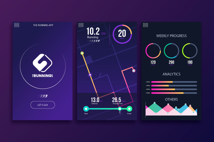 Fitness tracking app dashboard with running stats, route map, and progress analytics.